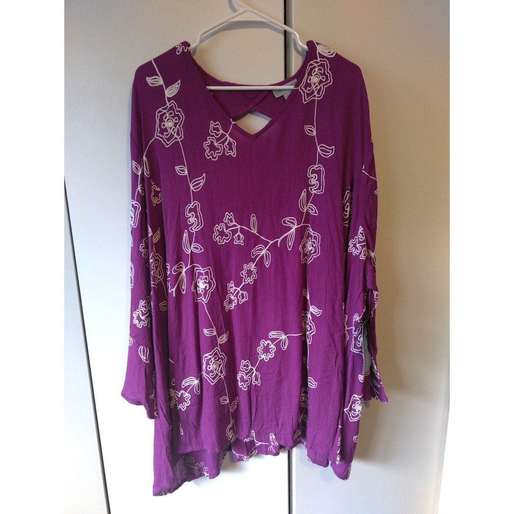 Catherines Floral Embroidered Gauze Tunic Top Plus Size 3x Cutout Detail Flowy